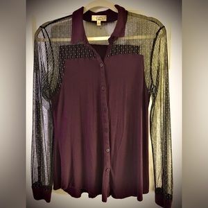 PRINCESS VERA WANG Flirty Burgundy Blouse. Black Mesh Button-Front & Yoke. LARGE